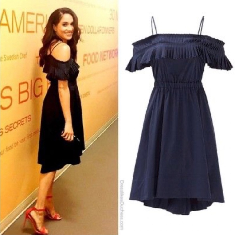 Tibi Navy Satin Poplin Ruffle Dress Size 4 High Low Hem 100% Cotton